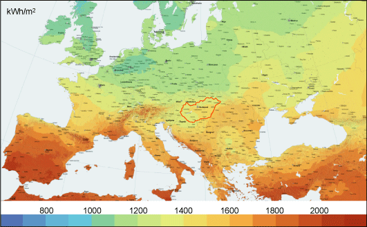 Európa napsugárzás térképe